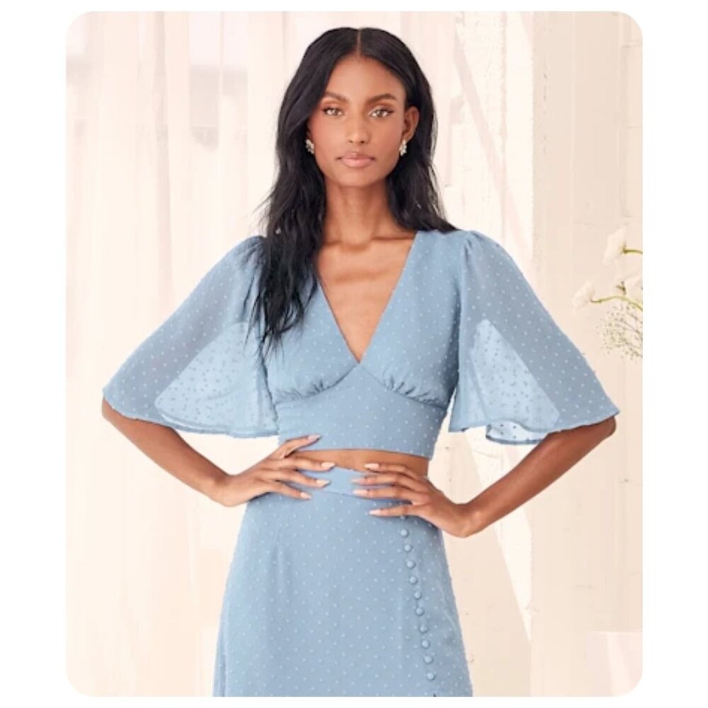 !! NWT Lulus Slate Blue Save Your Love For Me Swiss Dot Back Cut-Out Top sz S